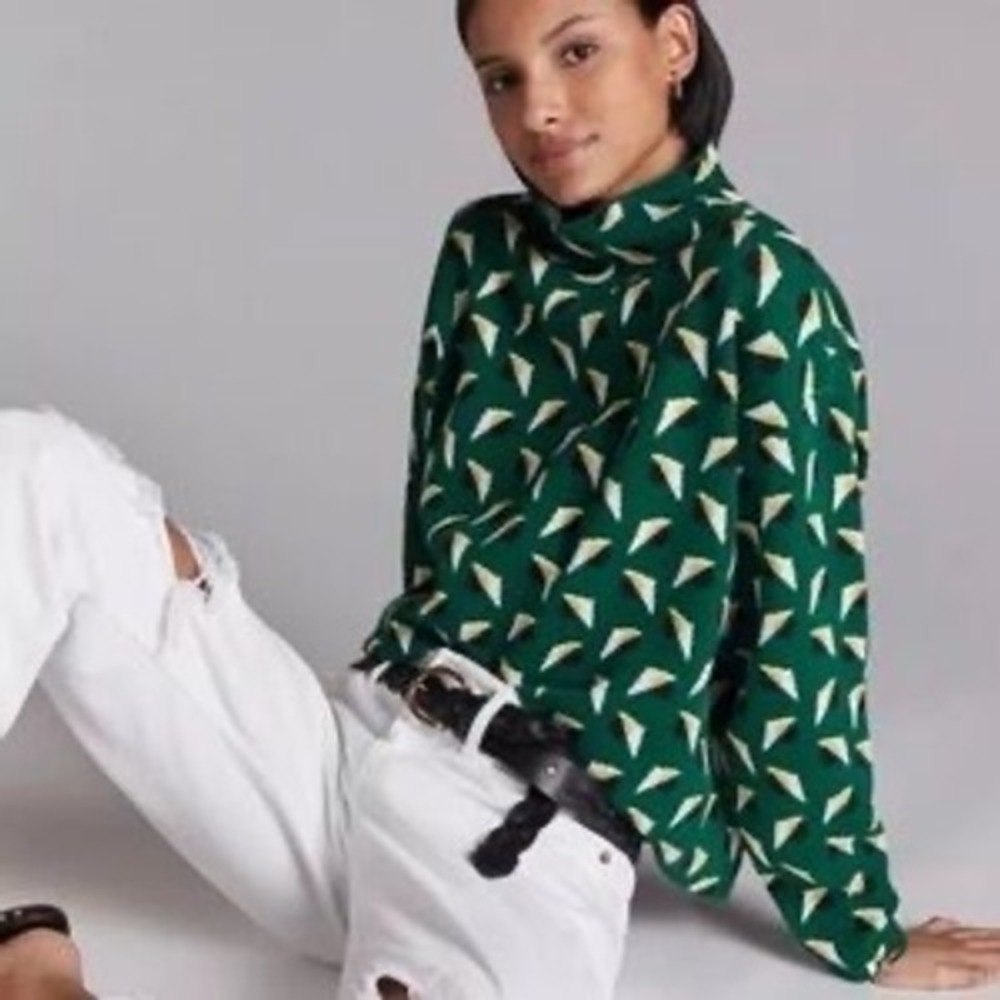 Anthropologie Maeve The Cary's Mockneck Print Green Sweater Size Large